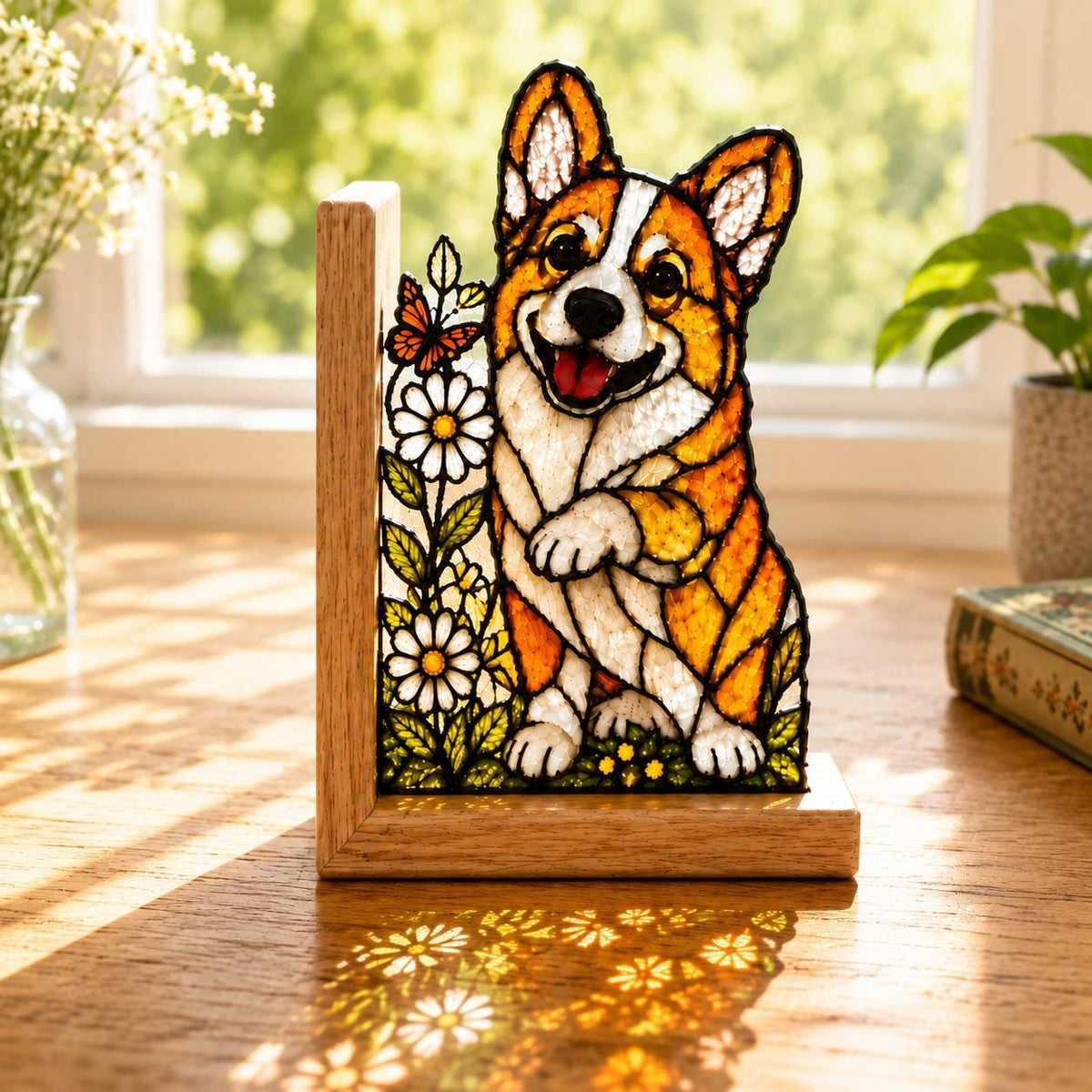 Corgi Stained Glass Bookends with Wood Bases displayed in natural light