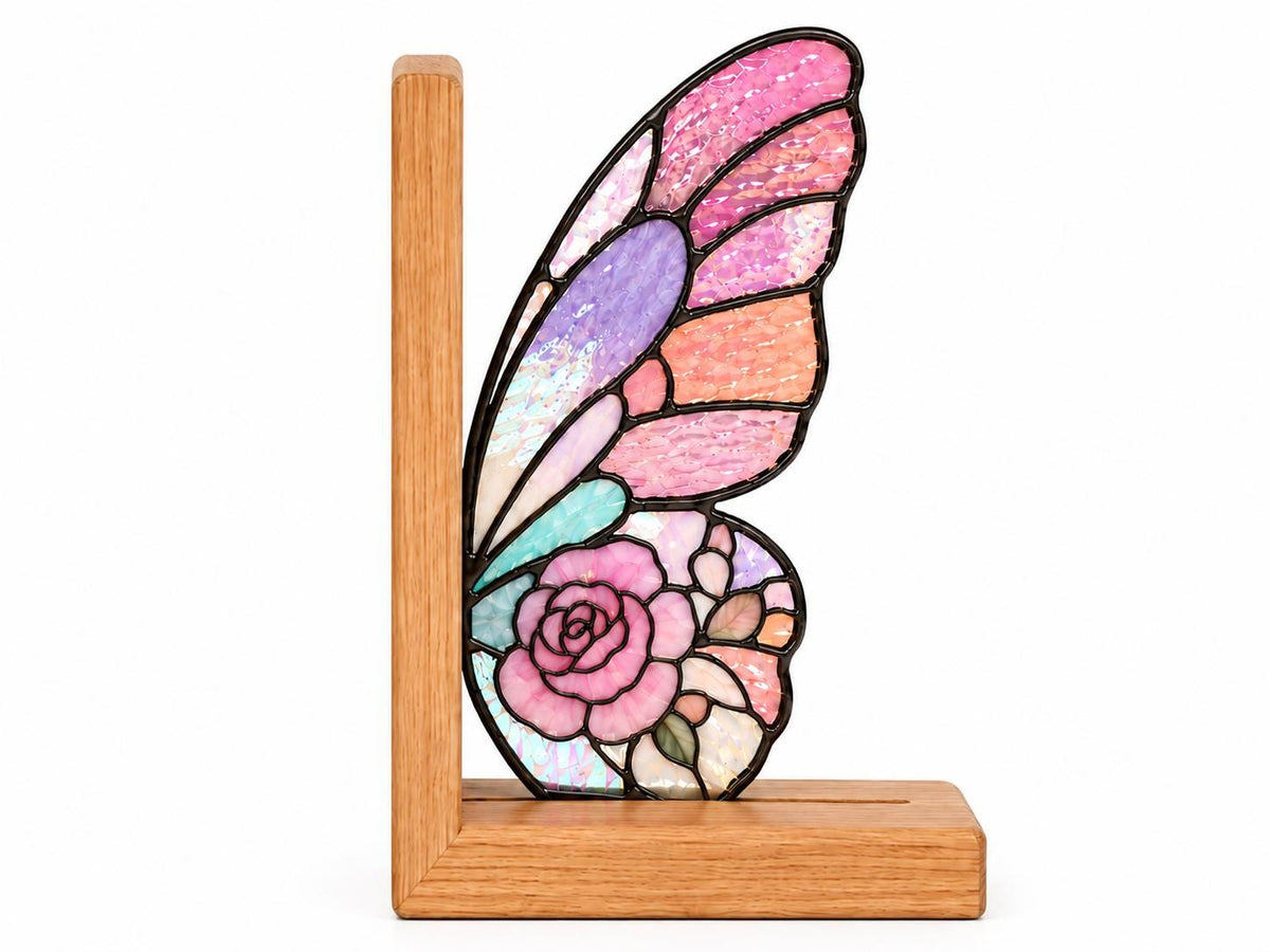 Pink Floral Butterfly Stained Glass Bookends with Wood Bases displayed in natural light