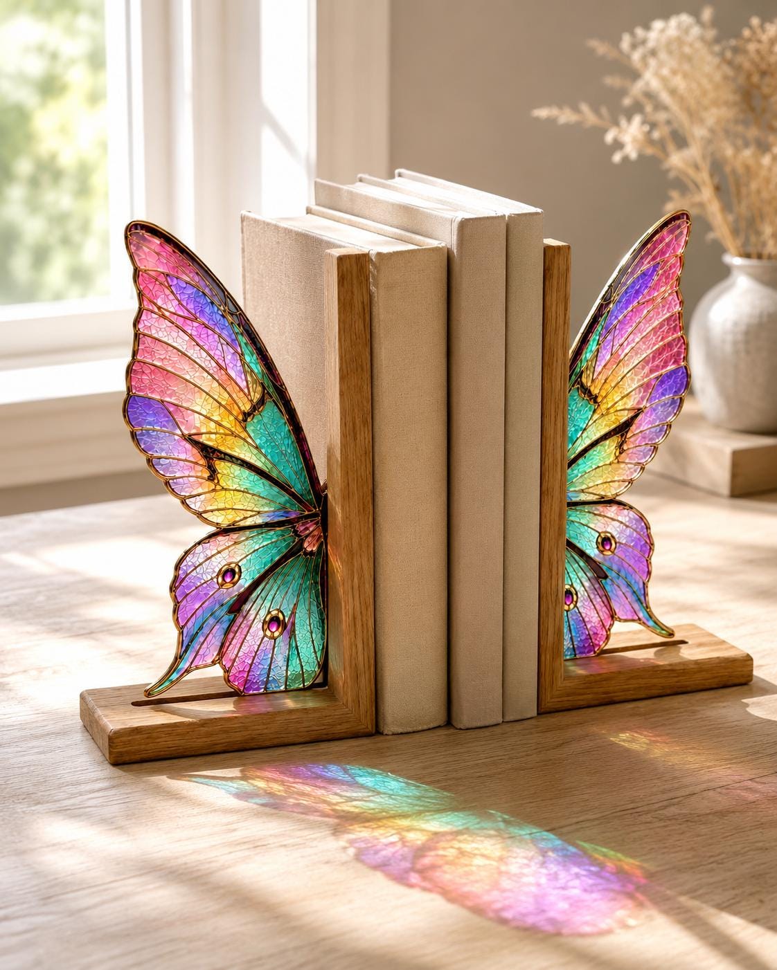 Rainbow Butterfly Stained Glass Bookends with Wood Bases