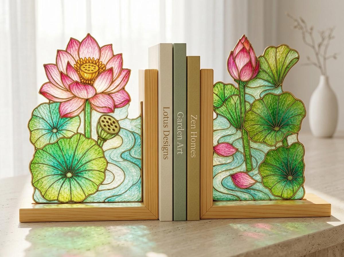 Front view of the lotus stained glass bookend set