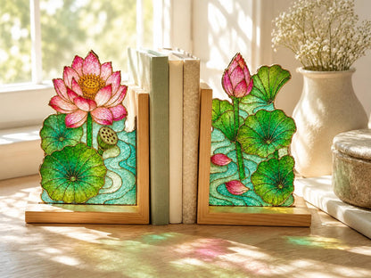 Lotus glass bookend set near a bright window