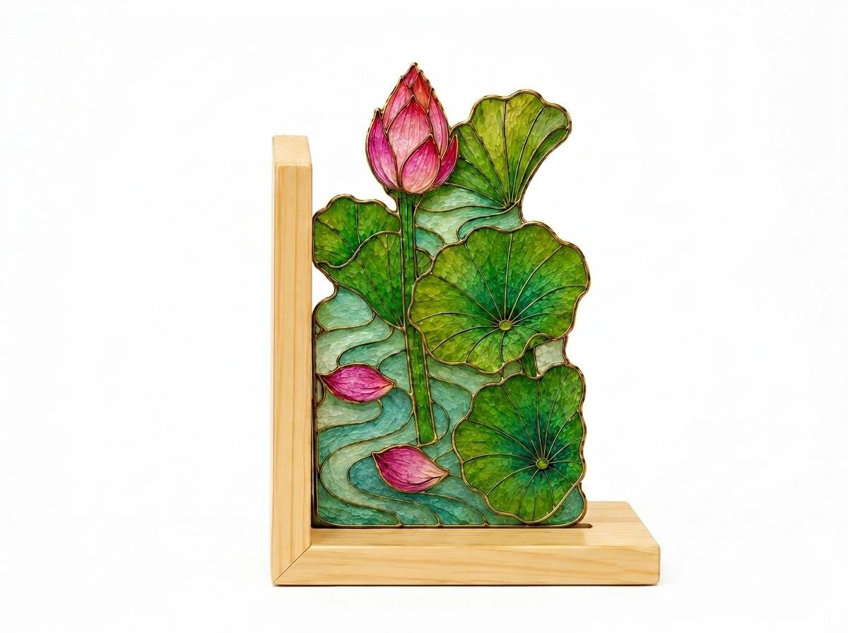 Lotus Stained Glass Bookends with Wood Bases displayed in natural light