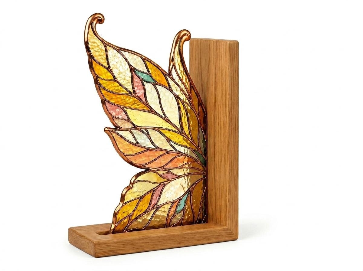 Detail view of the golden butterfly stained glass artwork