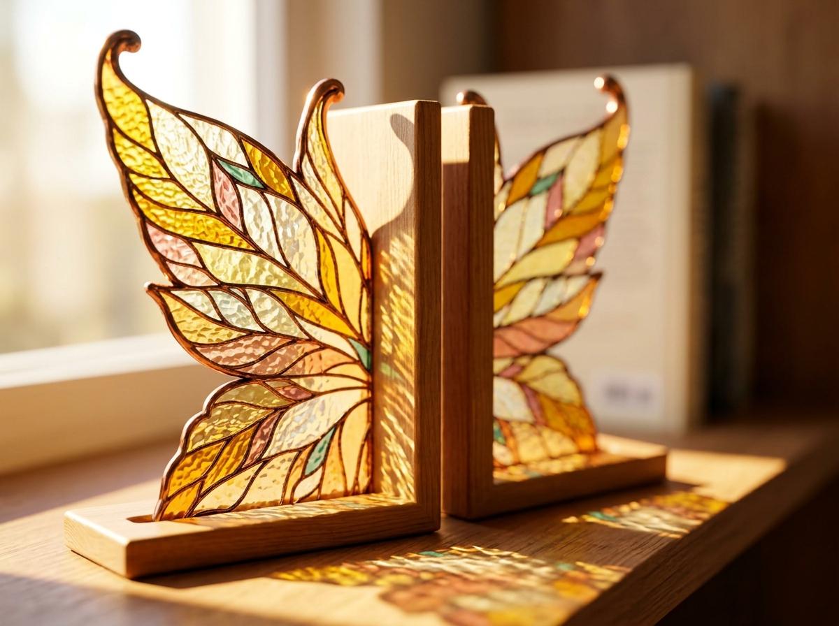 Front view of the golden butterfly stained glass bookend set