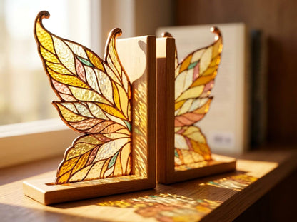 Front view of the golden butterfly stained glass bookend set