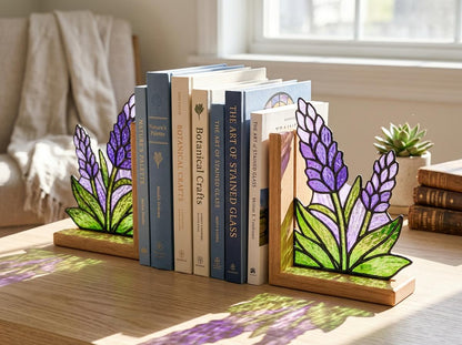 Front view of the lavender stained glass bookend set