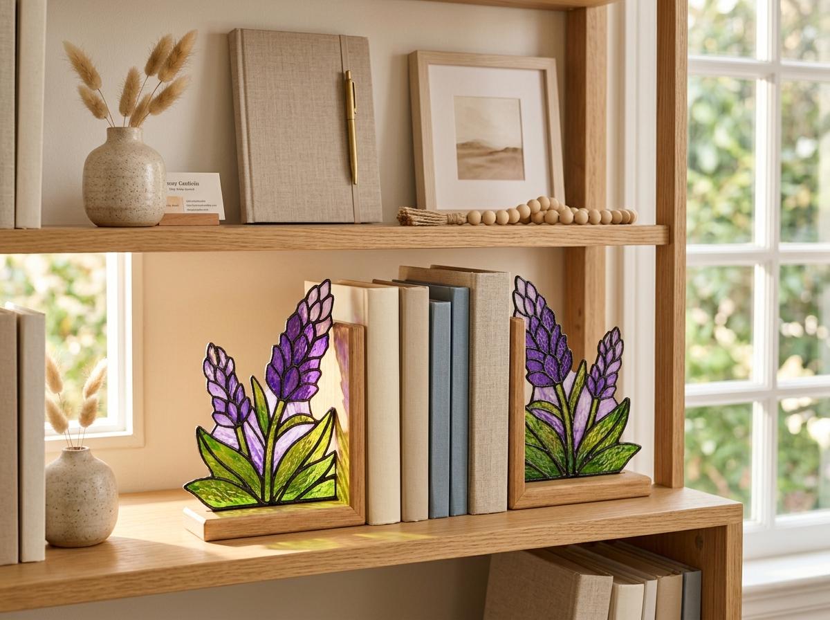Angled view of the lavender glass artwork