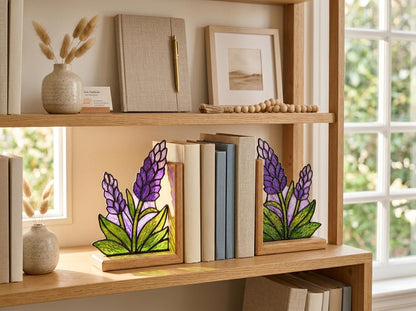 Angled view of the lavender glass artwork