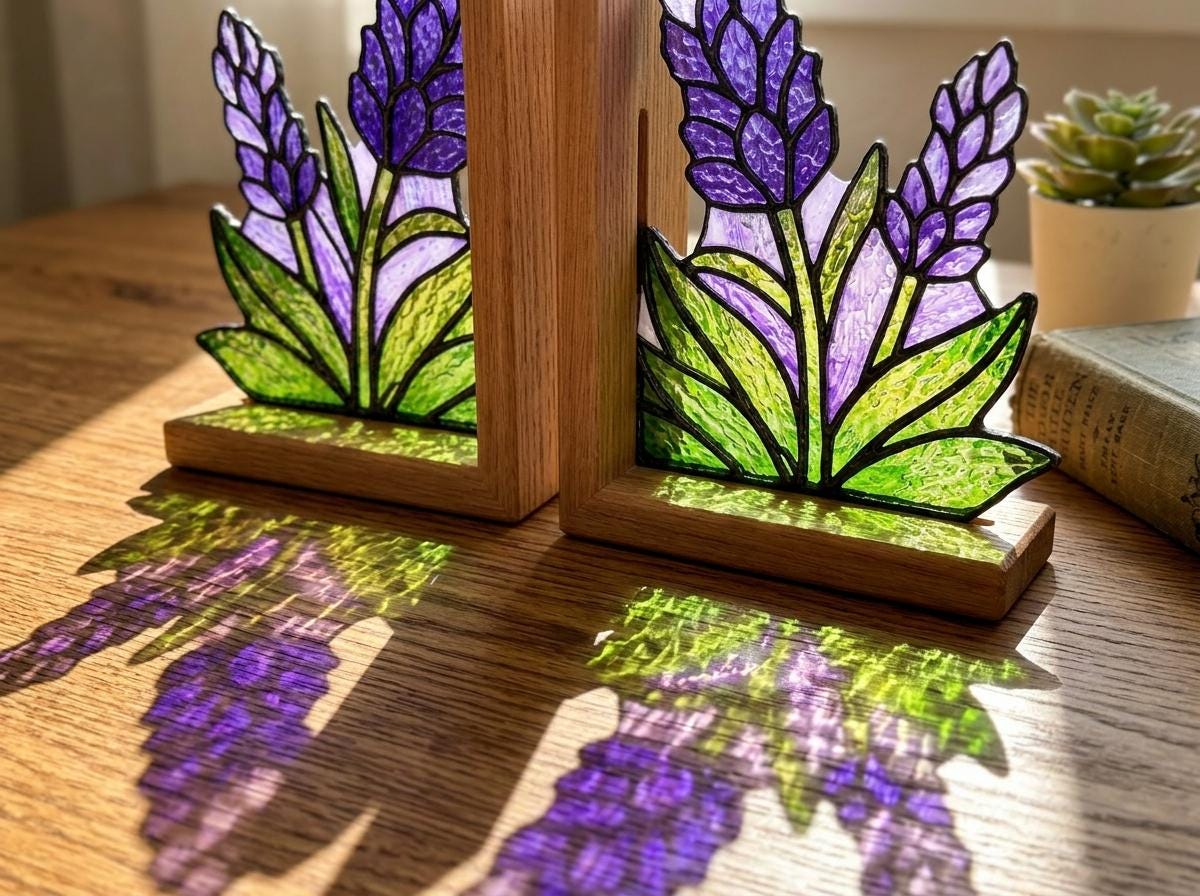 Lavender glass bookend set near a bright window