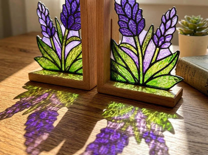 Lavender glass bookend set near a bright window