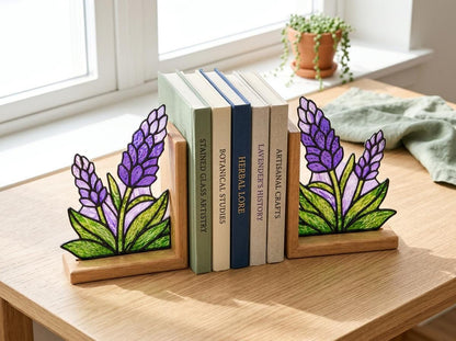 Lavender stained glass bookend set in a styled home interior