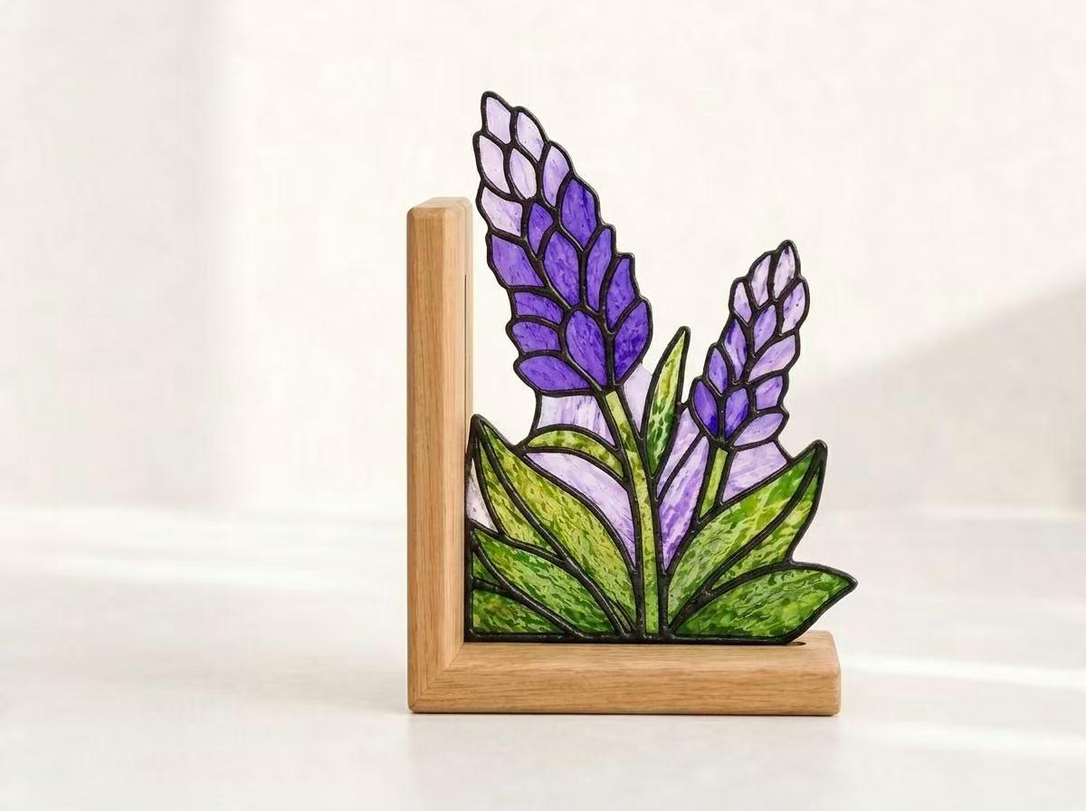 Lavender bookend set arranged for indoor display