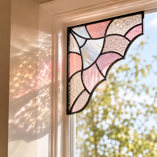 Pink Aurora Stained Glass Window Corner Suncatcher Set displayed in natural light
