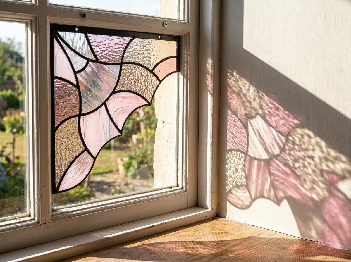 Pink Aurora stained glass window corner suncatcher in a styled home interior