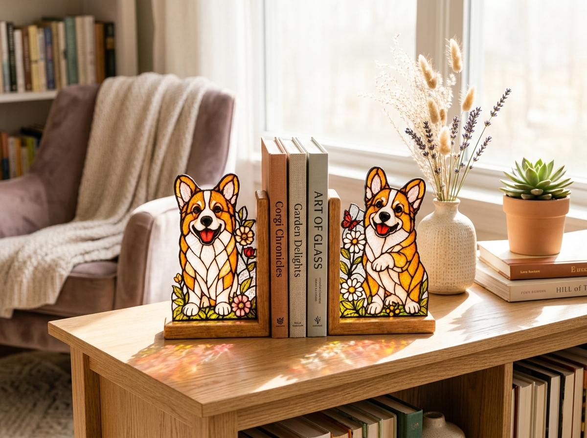 Corgi Stained Glass Bookends with Wood Bases
