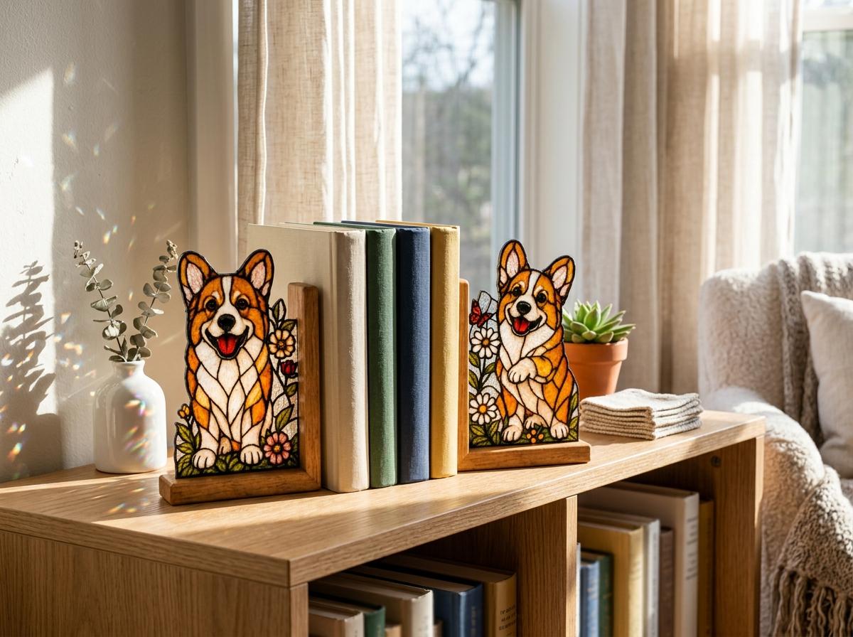 Corgi glass bookend set near a bright window