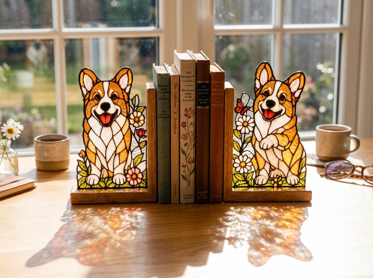 Front view of the corgi stained glass bookend set