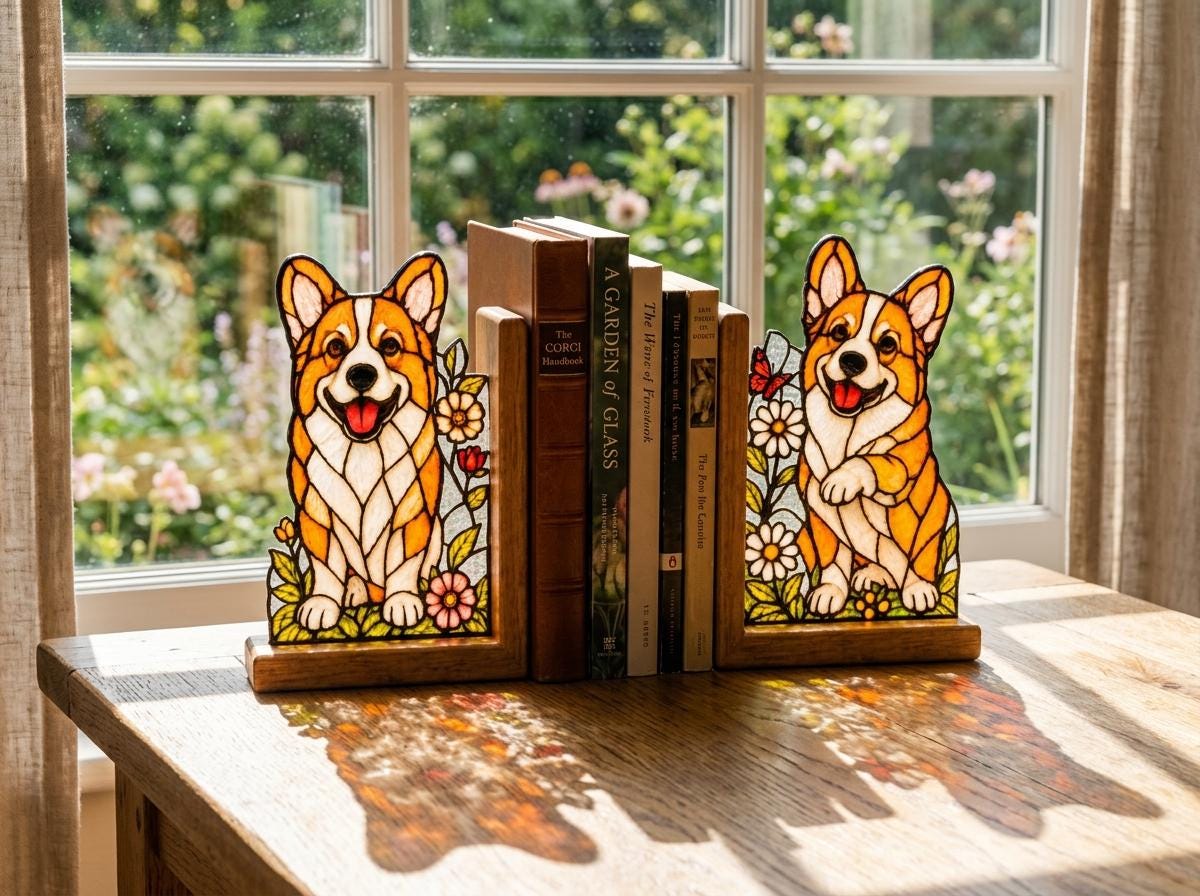 Angled view of the corgi glass artwork