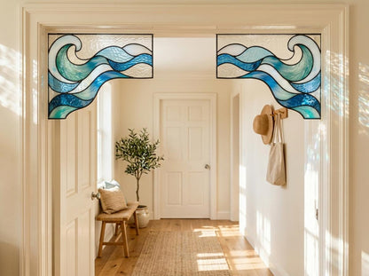 Front view of the ocean wave stained glass window corner suncatcher