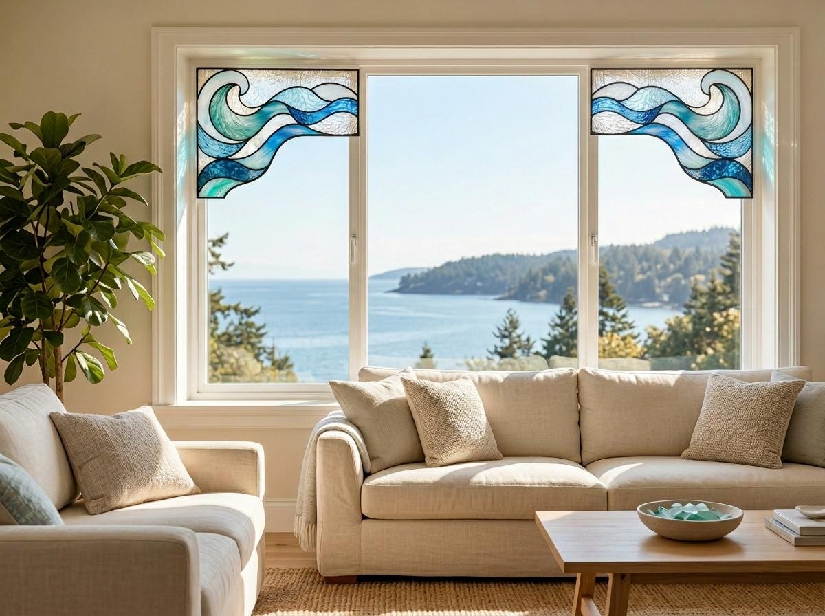 Ocean Wave Stained Glass Window Corner Suncatcher Set