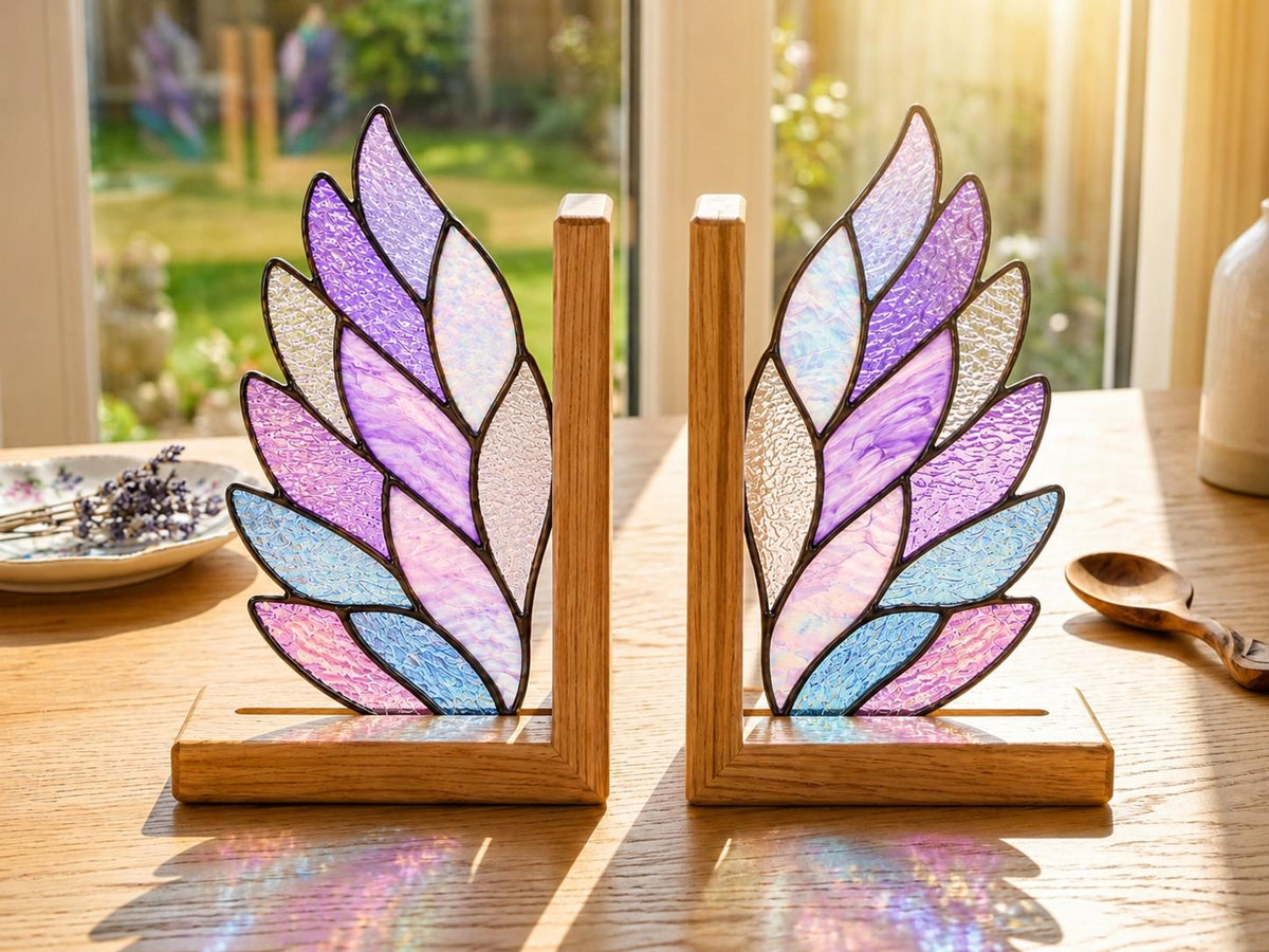 Angel Wing glass bookend set near a bright window