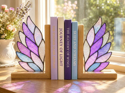 Angel Wing stained glass bookend set in a styled home interior