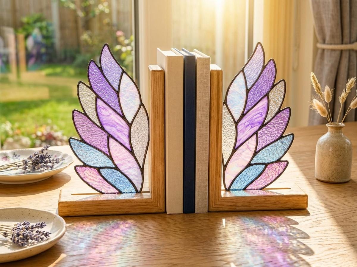 Angled view of the angel wing glass artwork