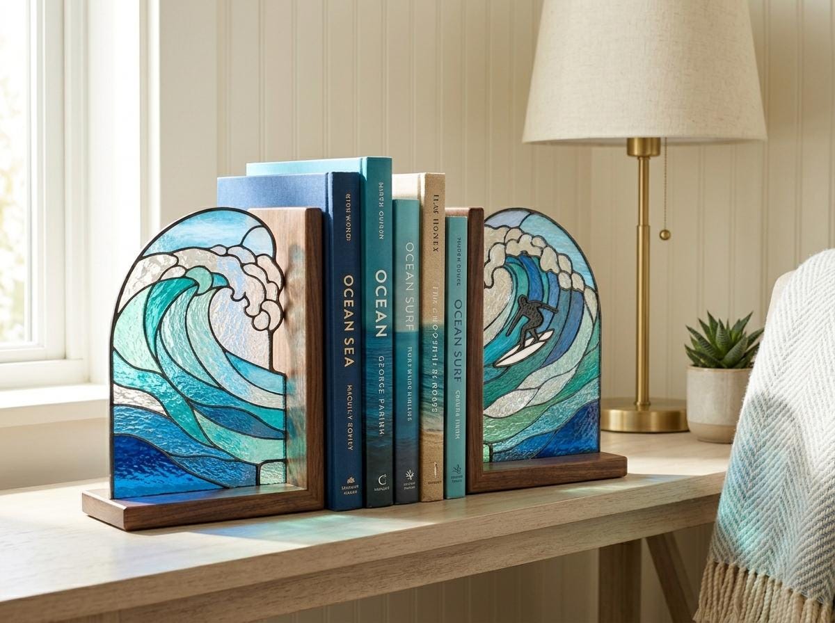 Angled view of the ocean surf glass artwork