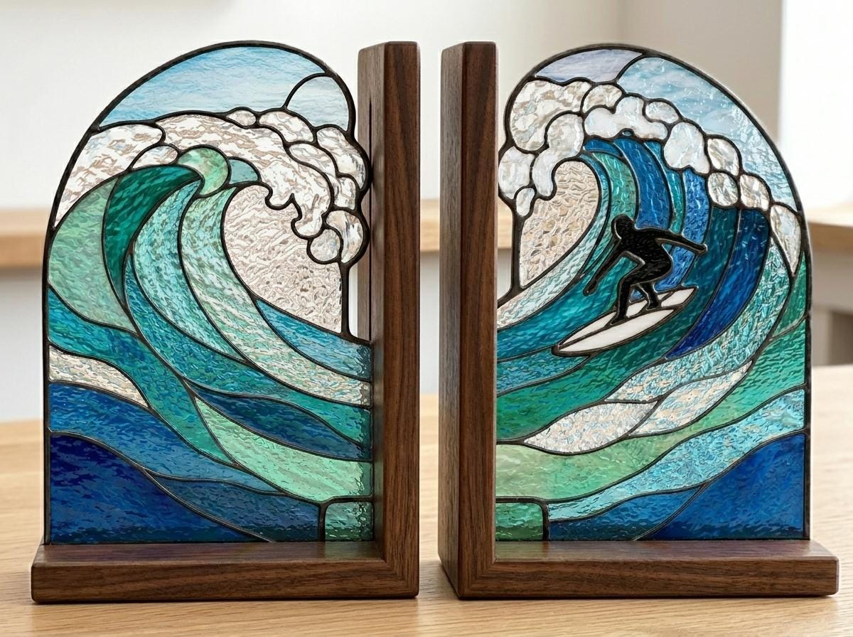 Detail view of the ocean surf stained glass artwork