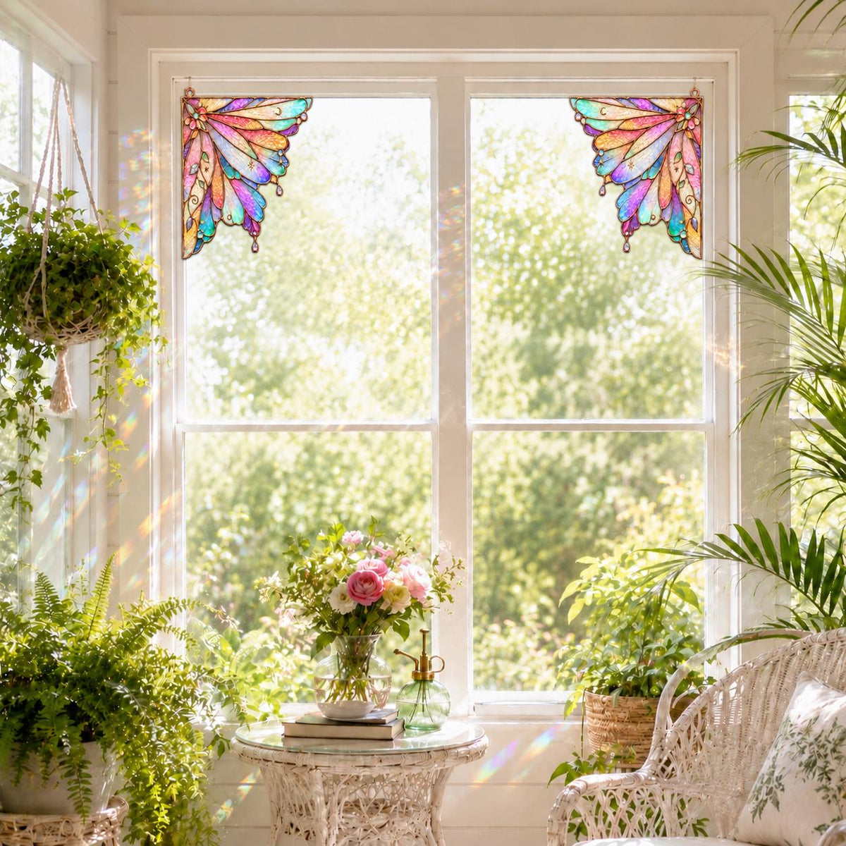 Pastel Rainbow stained glass window corner suncatcher in a styled home interior