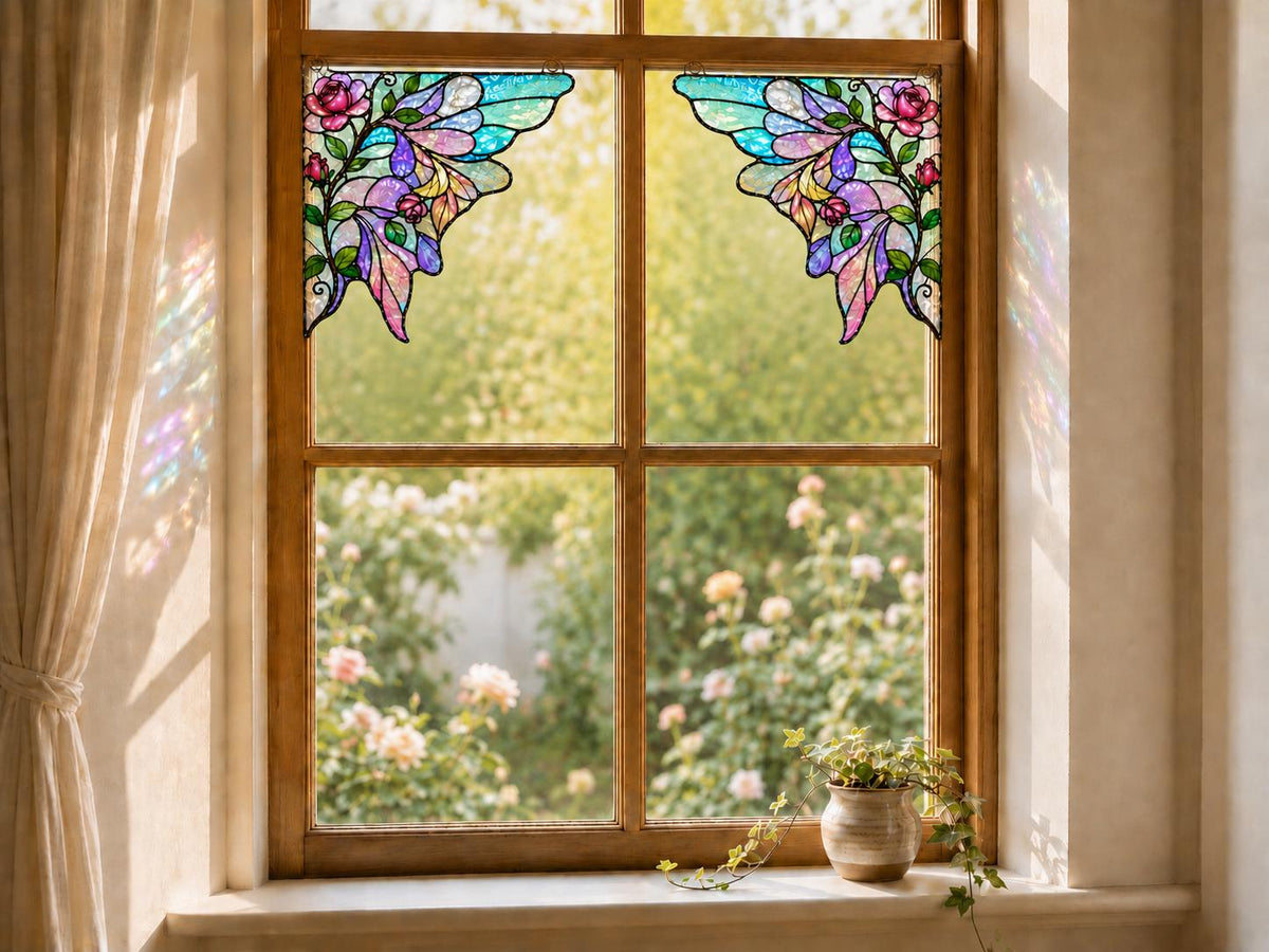 Rose Butterfly Stained Glass Window Corner Suncatcher