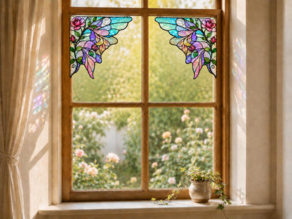 Rose Butterfly stained glass window corner suncatcher in a styled home interior