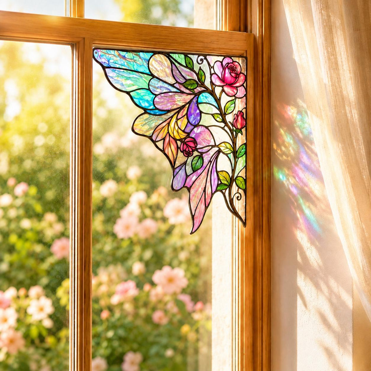 Rose Butterfly Stained Glass Window Corner Suncatcher displayed in natural light