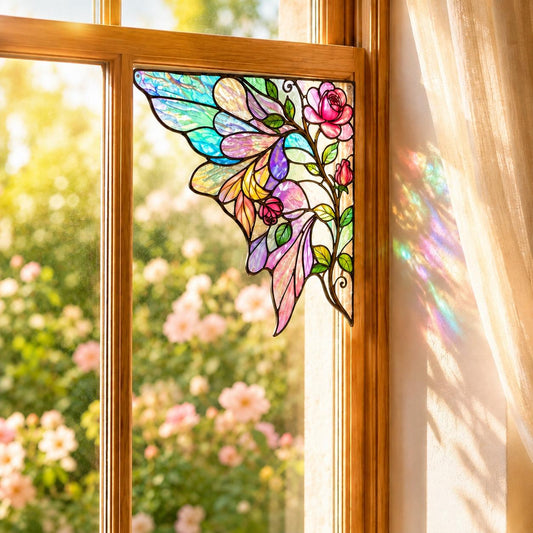 Rose Butterfly Stained Glass Window Corner Suncatcher displayed in natural light