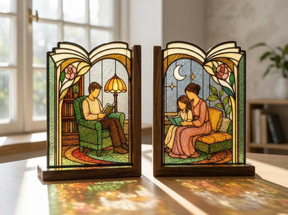 Front view of the cozy family reading stained glass bookend set