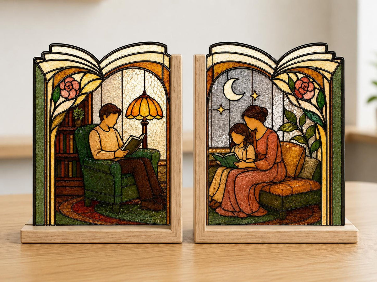 Detail view of the cozy family reading stained glass artwork