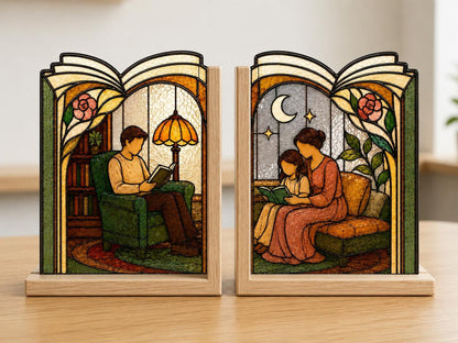 Detail view of the cozy family reading stained glass artwork