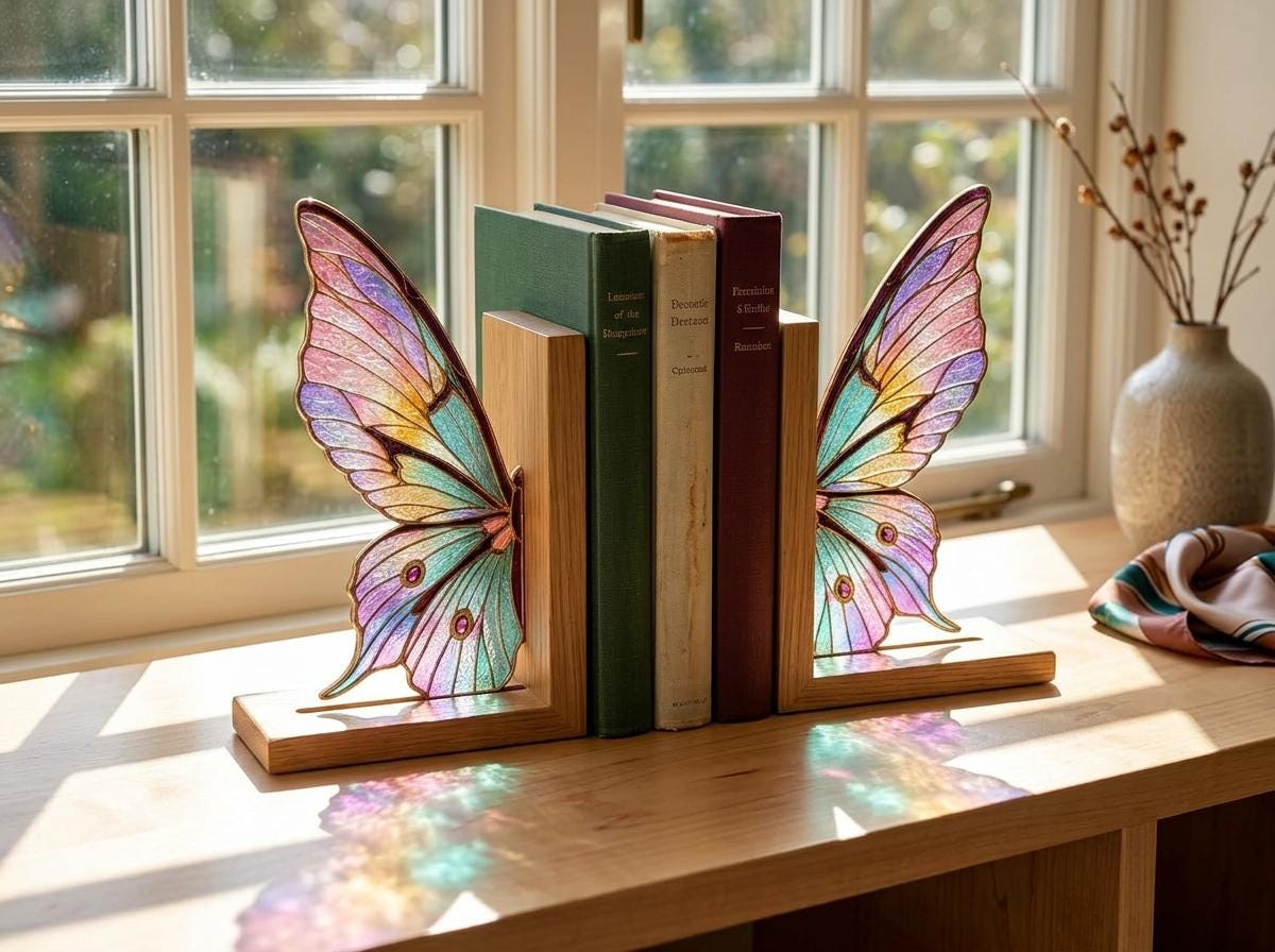 Rainbow butterfly bookends holding books in front of a sunny window