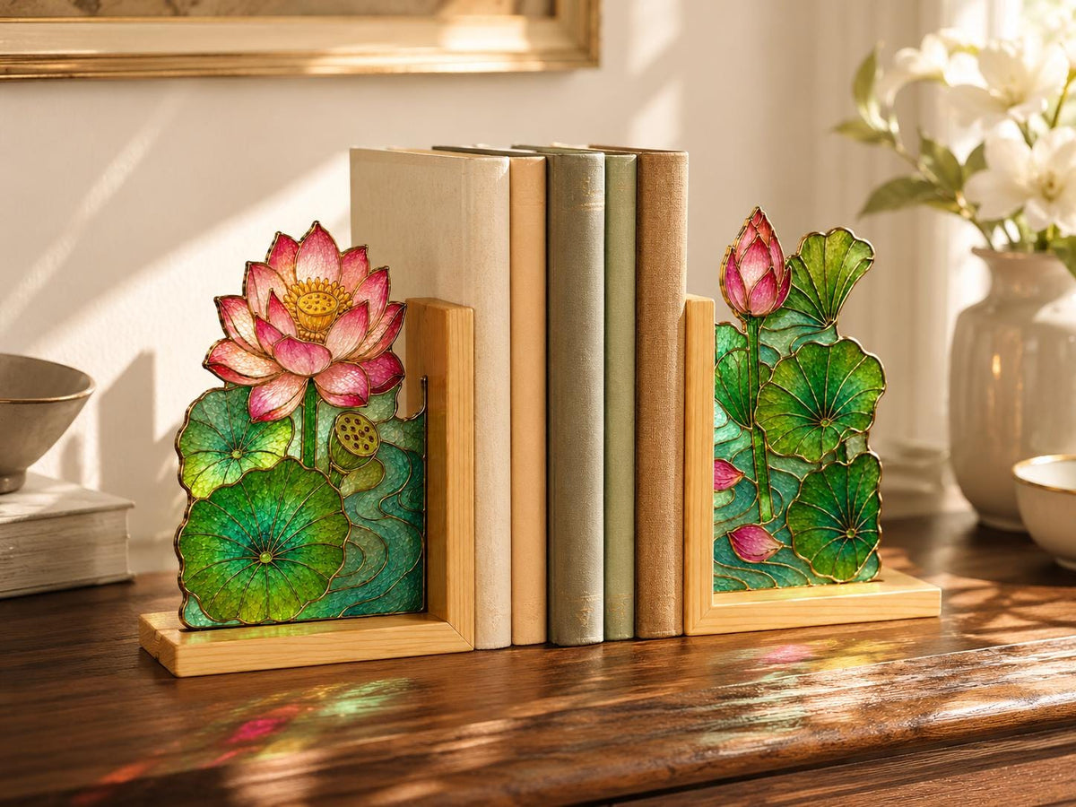 Lotus stained glass bookend set in a styled home interior