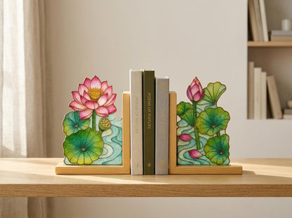 Lotus Stained Glass Bookends with Wood Bases displayed in natural light