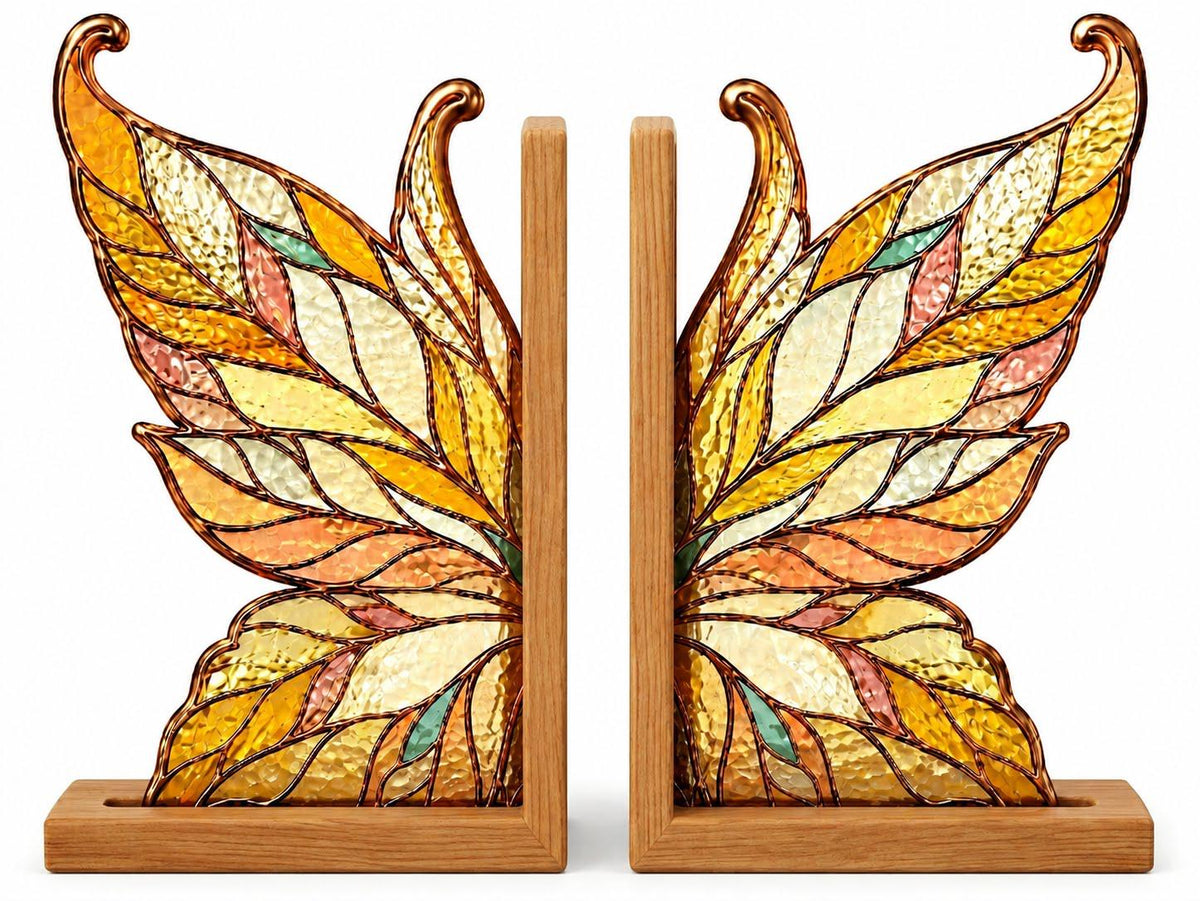 Golden Butterfly glass bookend set near a bright window