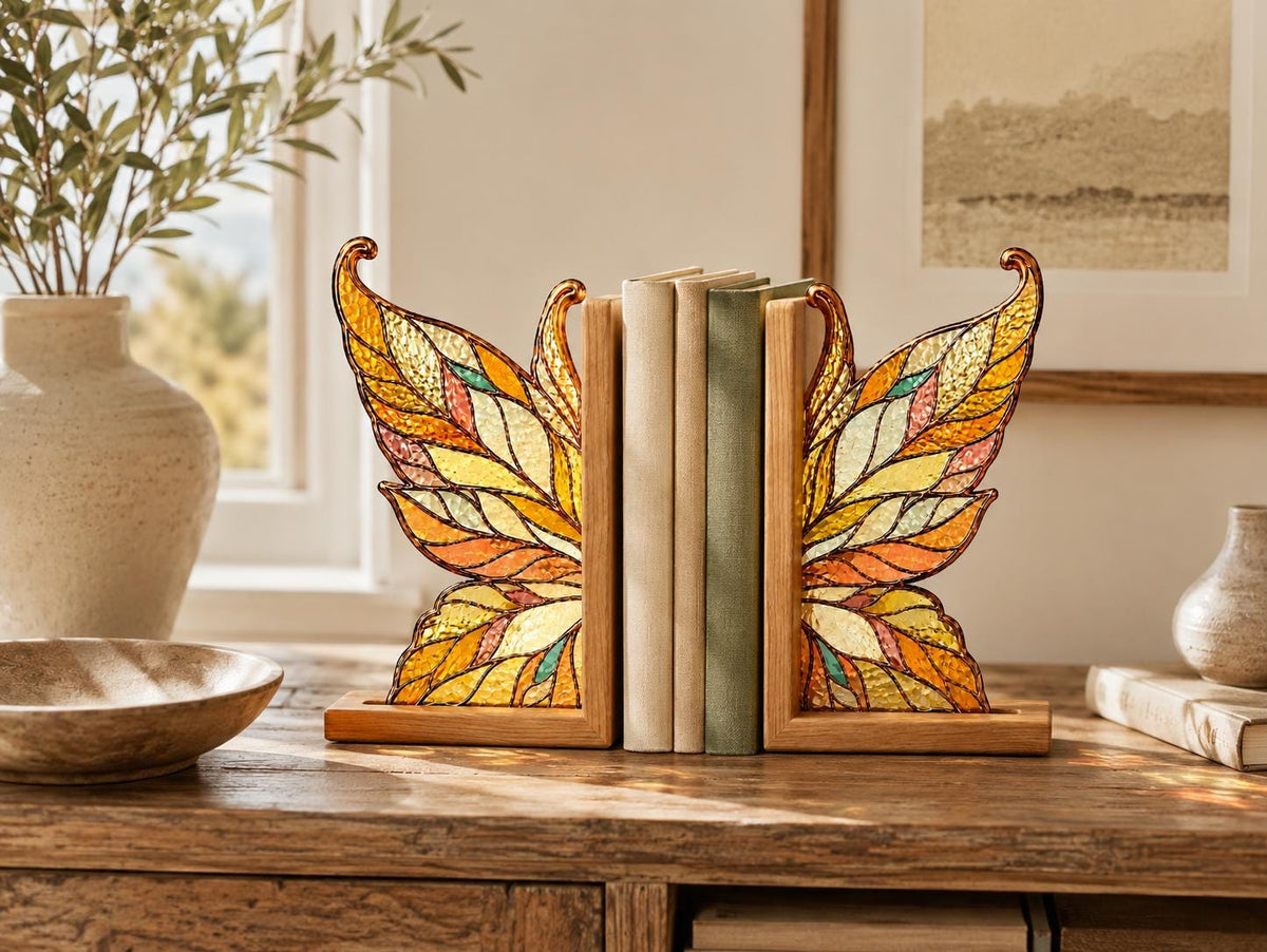 Golden Butterfly stained glass bookend set in a styled home interior