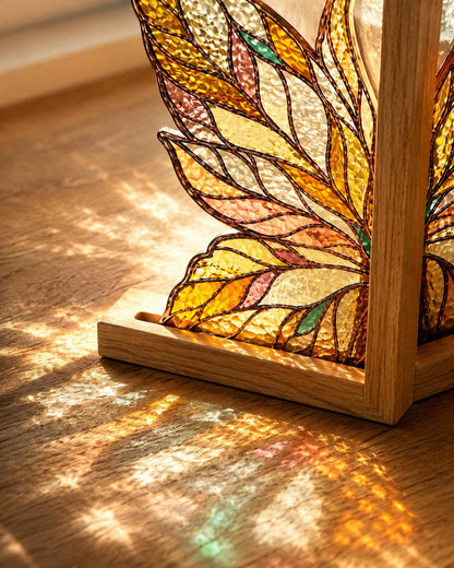 Angled view of the golden butterfly glass artwork