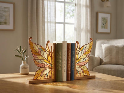 Golden Butterfly Stained Glass Bookends with Wood Bases displayed in natural light