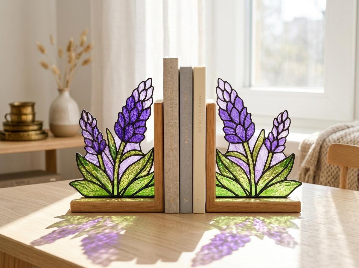 Lavender Stained Glass Bookends with Wood Bases displayed in natural light