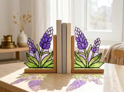 Lavender Stained Glass Bookends with Wood Bases displayed in natural light