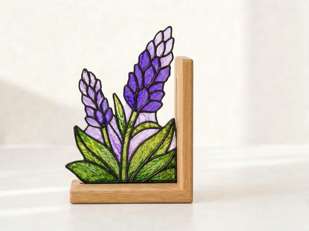 Detail view of the lavender stained glass artwork