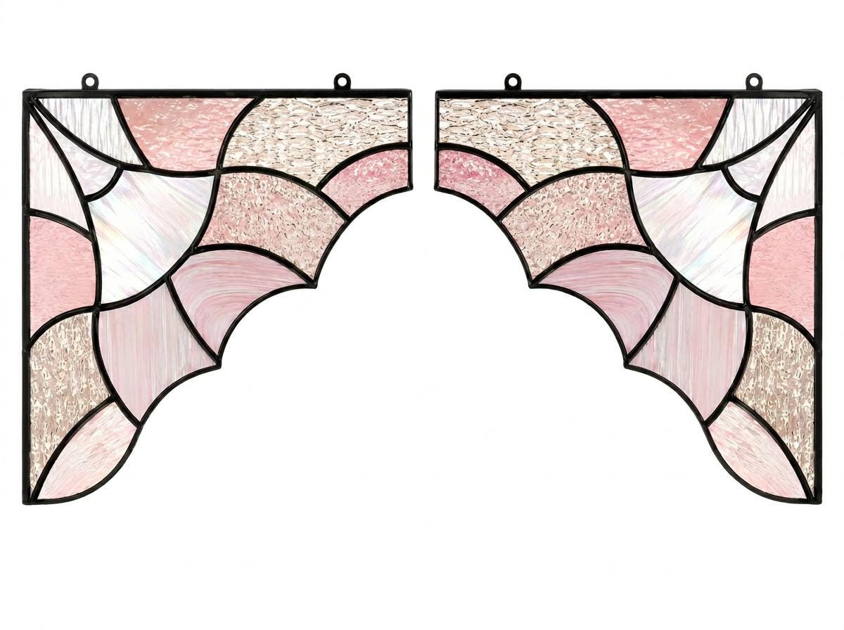 Pink Aurora window corner suncatcher arranged for indoor display