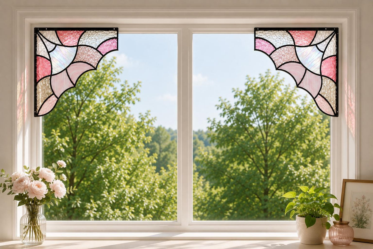 Front view of the pink aurora stained glass window corner suncatcher