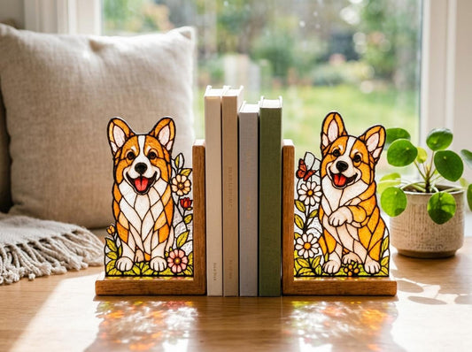 Corgi Stained Glass Bookends with Wood Bases displayed in natural light